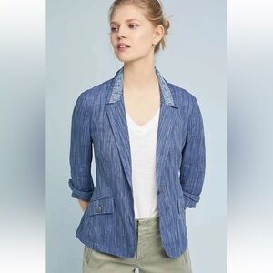 Anthropologie Women Winona Embroidered Blazer Jacket 45%Linen 55%Cotton Blue US8